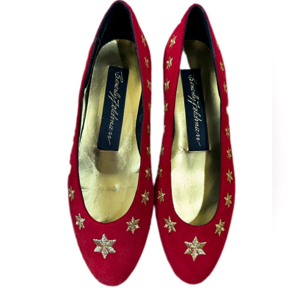Vintage Beverly Feldman Suede Ballet Flat Red w/ Gold Embroidered Stars Size 5.5